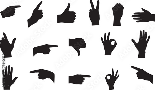 Silhouette vector set of black hand gestures and signs isolated on transparent background.