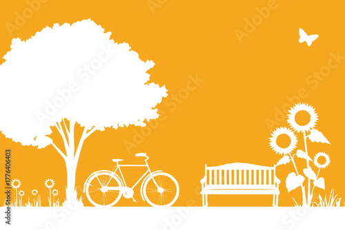 bicycle beside tree and bench in garden silhouette on warm background