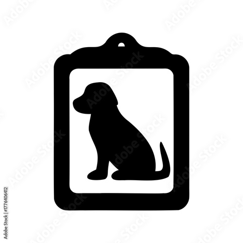 Simple illustration of a dog silhouette displayed in a decorative frame with a hole