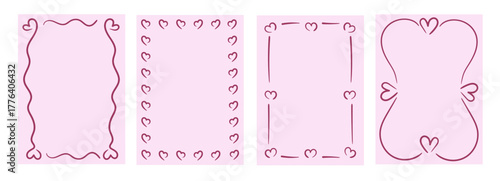 A set of four cute hand-drawn frames with hearts. Doodle-style borders for Valentine's Day, weddings, or romantic greeting cards on a pink background.