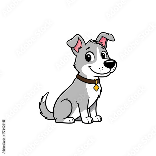 Cute cartoon puppy illustration, grey and white dog with collar and tag, happy and friendly expression