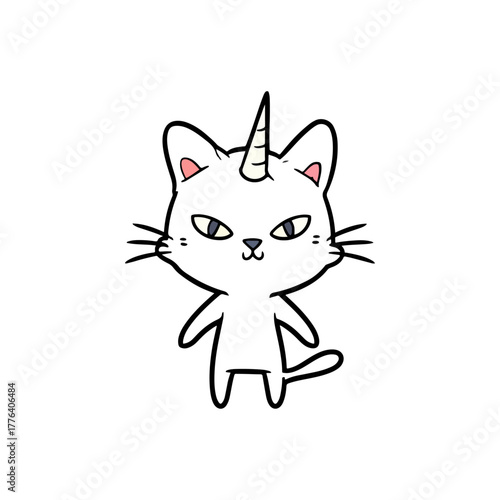 Cute cartoon unicorn cat character illustration with a grumpy expression, magical whimsical animal art.
