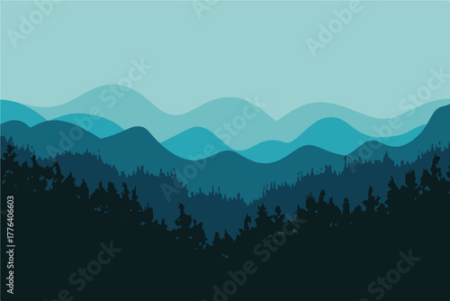 mountain landscape forest trees conifer layered scenery blue gradient vector