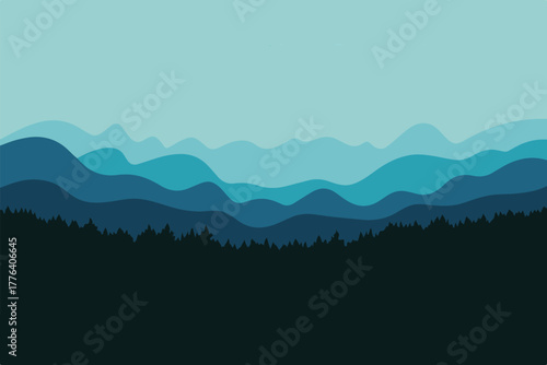 mountain forest trees conifer silhouette foreground layered mountain ridges