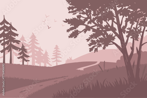 landscape pastel hills and river with layered trees and flying birds