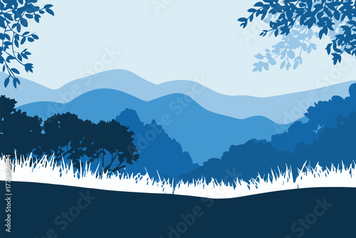 landscape forest silhouettes and layered blue mountains vector scene