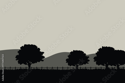 landscape countryside scene with trees fence hills in grayscale