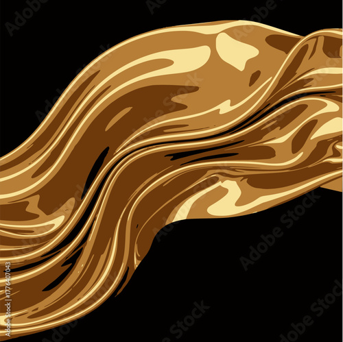 Abstract vector illustration of a rich, flowing chocolate or golden silk fabric ribbon with glossy highlights, presenting an elegant and dynamic wave texture on a pure black background. 