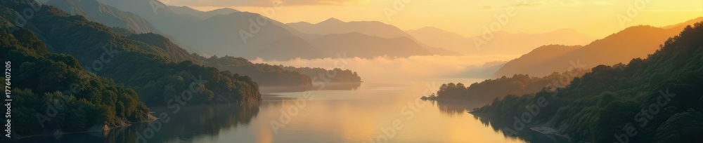 Obraz premium Golden light crests hills, mist shrouds river , beautiful, visual, landscape