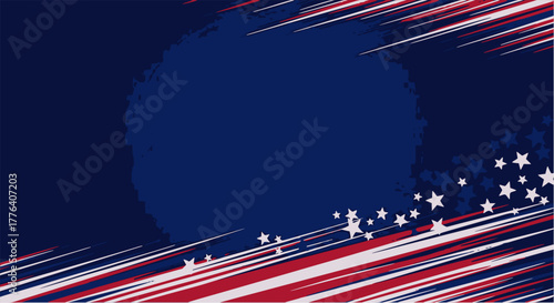 Abstract vector background in patriotic colors, featuring diagonal streaks of red, white, and blue, a corner cluster of small stars, and a central dark navy circular shape for text