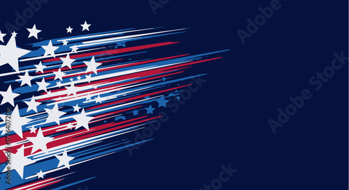 Dynamic vector background with an American flag theme, featuring a cluster of large white stars and streaks of red, white, and blue lines moving rapidly across a solid navy background. 