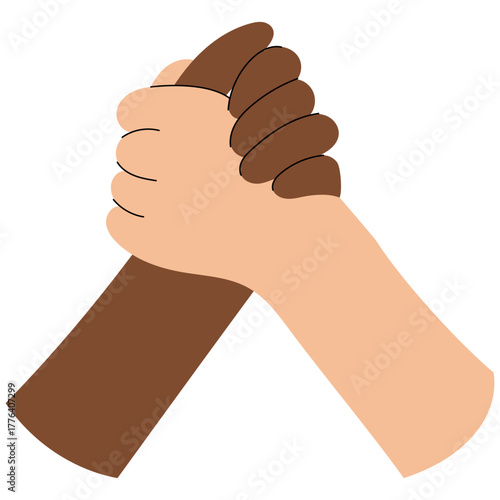 Flat style illustration of two people with different skin tones shaking hands, symbolizing diversity, partnership, unity and mutual respect. Cooperation and equality concept.