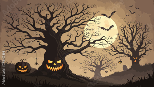Halloween night scene with spooky trees, pumpkins, bats, and a full moon creating a festive atmosphere silhouette