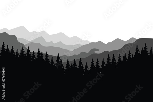 forest layered mountains and pine tree silhouettes in grayscale composition