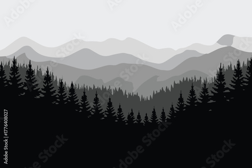 forest mountains receding into gray tones with conifer tree silhouettes