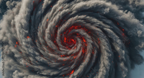 Aerial view of a dark storm vortex with glowing red embers.