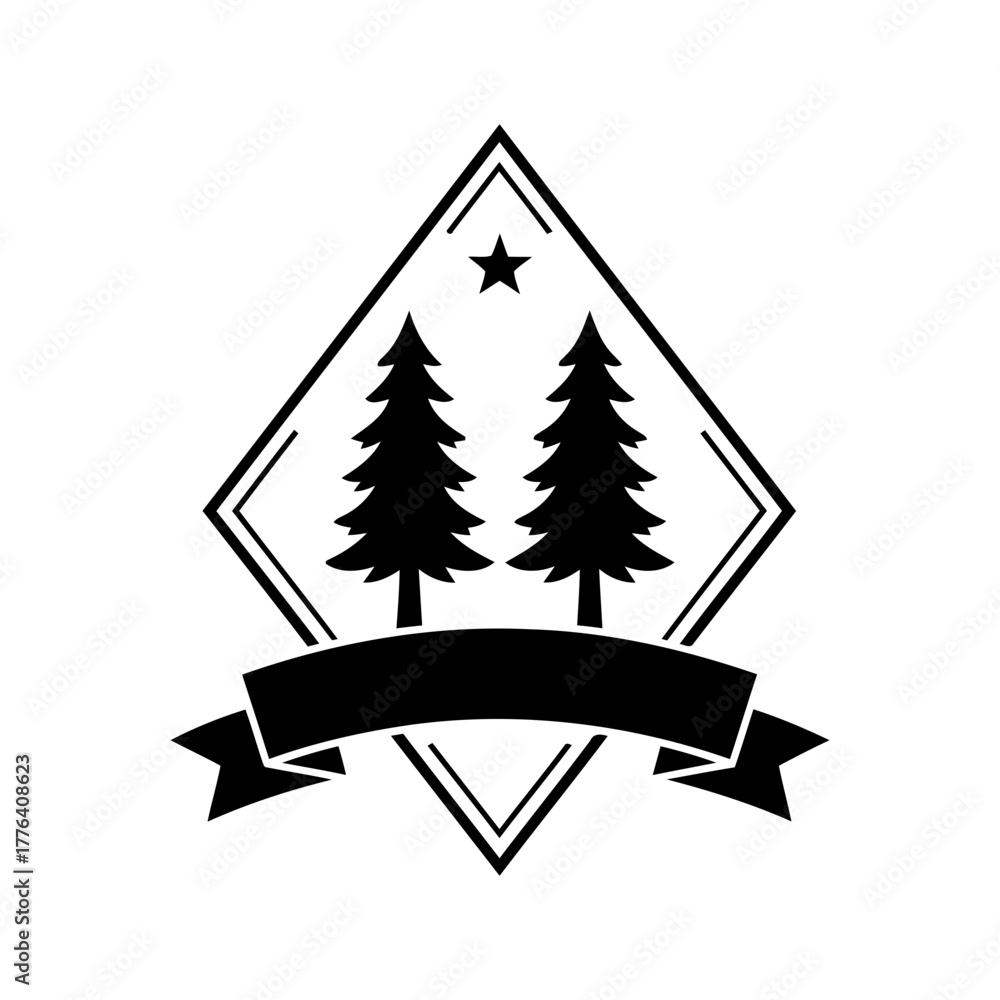 Obraz premium Vector art of vintage tree logo with diamond frame and ribbon