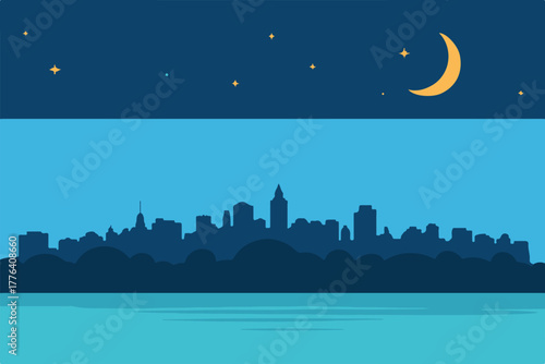 cityscape night skyline with crescent moon and water reflection