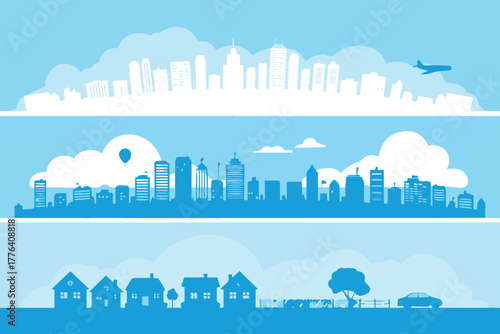 cityscape layered illustration showing downtown midrise and suburb