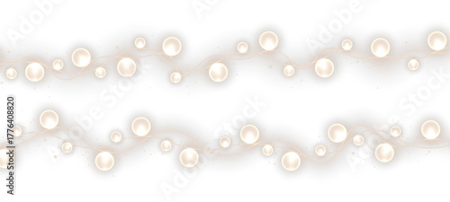 Golden Christmas lights with bright spheres and festive electric bulbs.