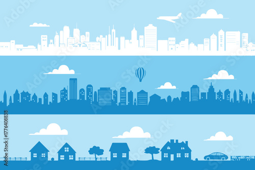cityscape three horizontal zones skyline midcity and suburban homes