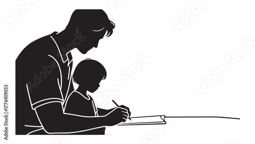 Silhouette of Father Teaching and Learning With His Children at Sunset