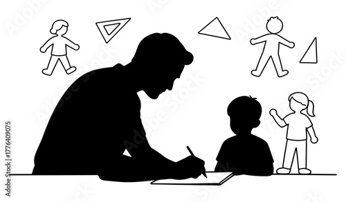 Silhouette of Father Teaching and Learning With His Children at Sunset