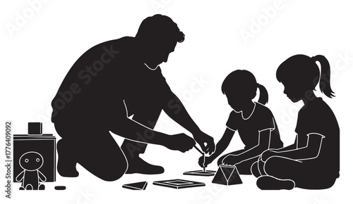 Silhouette of Father Teaching and Learning With His Children at Sunset