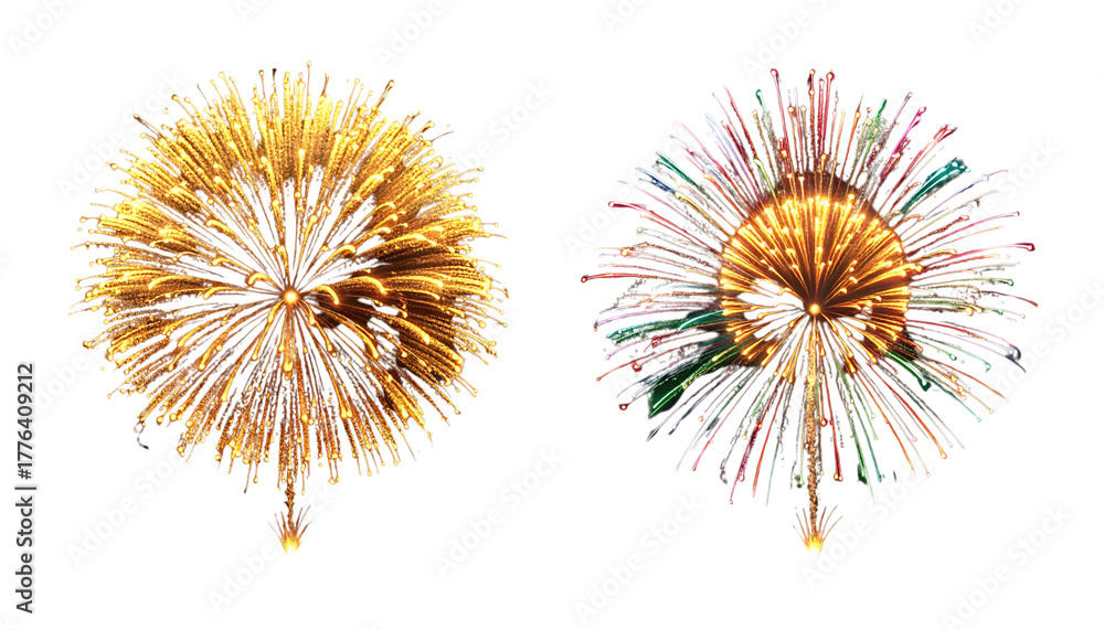 Fototapeta premium Firefly_Two different fireworks explosions in one 16-9 fraFireworks Explosion Bundle — isolated on transparent backgroundme — one large golden burst with lo 805593