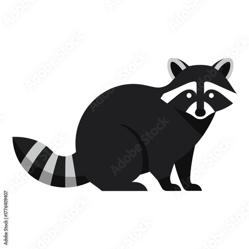 Stylized flat design illustration of a raccoon with iconic facial mask and striped tail, a north american wild animal on an isolated background, ideal for various projects.