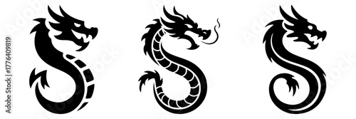 Set of three majestic dragon silhouettes in a classic mythical style. Fantasy creature icons perfect for emblems, logos, or fantasy themed designs. Black and white graphic.