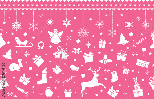 Christmas festive pattern with gifts and decorations on a pink snowy background
