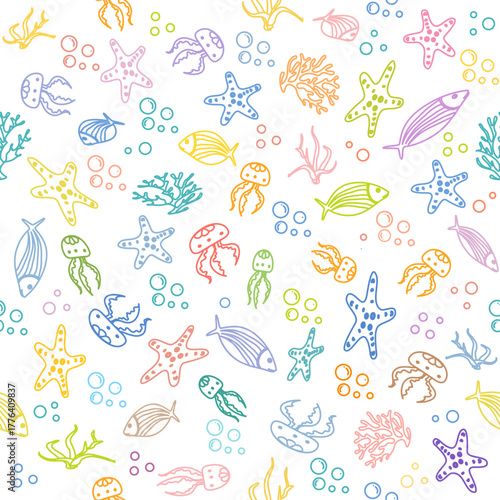 Sea creatures pattern with colorful jellyfish, starfish, and fish on white background