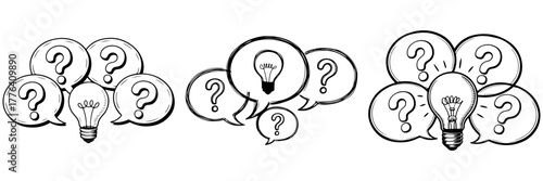 Brainstorming and idea concept with speech bubbles. A central light bulb represents the solution among many questions. Collaboration and problem solving graphic illustration.