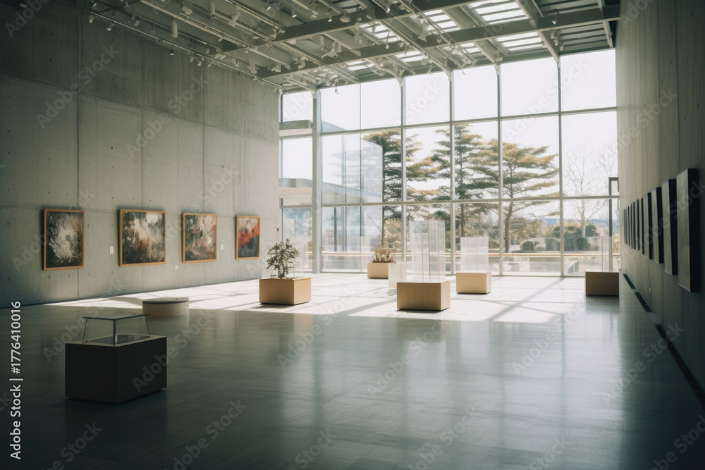 Fototapeta premium Bright contemporary exhibition hall with soft wall art and wooden display pedestals