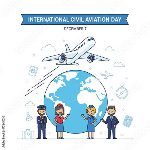Civil aviation day vector, airplane flying over globe, pilots and flight attendants, travel concept, clean flat style