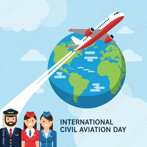 Civil aviation day vector, airplane flying over globe, pilots and flight attendants, travel concept, clean flat style
