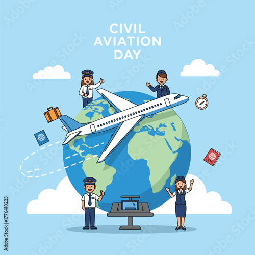 Civil aviation day vector, airplane flying over globe, pilots and flight attendants, travel concept, clean flat style