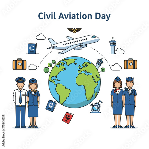 Civil aviation day vector, airplane flying over globe, pilots and flight attendants, travel concept, clean flat style
