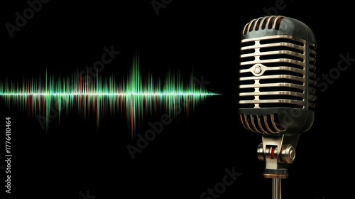 Vintage microphone with glowing audio waveform visualization, showing music, sound, retro, voice, broadcast, radio, concert, speaker, and classic audio style in a modern digital 3D render concept