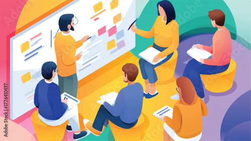 Creative Team Brainstorming Session with Sticky Notes and Visual Presentation for Strategy Development and Collaborative Problem Solving in a Modern Workspace