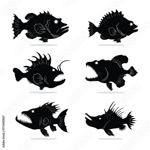 set of black silhouettes of angler fish