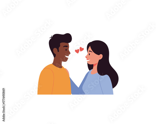 Diverse couple sharing a tender moment with hearts floating between them symbolizing love and affection