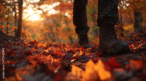 A man walks carefully along a path blanketed with colorful autumn leaves, soaking in the beauty of fall. The vibrant autumn leaves underfoot crunch as the man enjoys the peaceful a