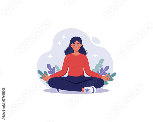 Young woman meditating peacefully in lotus pose surrounded by soft abstract shapes and subtle foliage representing calm and mindfulness