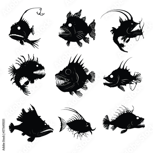 set of black silhouettes of angler fish