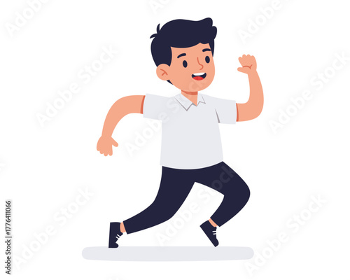 Energetic young boy with dark hair wearing a white polo shirt and dark pants running with a happy expression