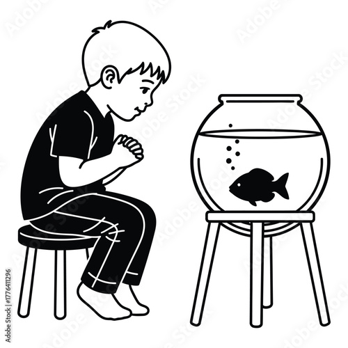A young boy sits on a small stool, intently observing a single fish gracefully swimming within a round glass fishbowl, an illustration of childhood wonder and aquatic fascination.