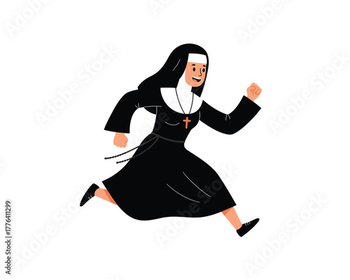 A cartoon illustration of a smiling nun in a traditional black habit running with her arms outstretched in a dynamic pose