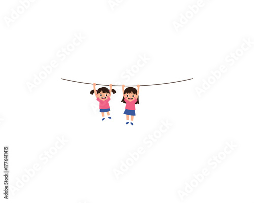 Two happy cartoon girls with brown hair wearing pink shirts hanging from a clothesline with a white background